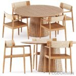 A round wooden table surrounded by four matching chairs, creating a cozy dining space.