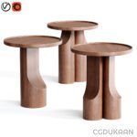 Three round wooden tables in a row.