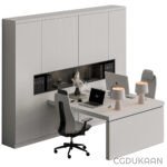 A bright white office featuring a sleek desk and a modern computer setup, creating a professional workspace atmosphere.