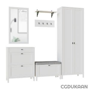 A white wardrobe, mirror, and bench with drawers in a spacious room.