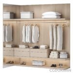 3d model of neatly organized closet featuring shelves filled with various clothes and accessories, showcasing a range of styles and colors.