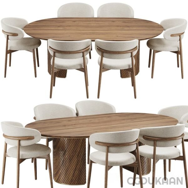 A 3D visualization of a dining table with four matching chairs, emphasizing a sleek and modern aesthetic.