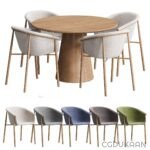 A 3D visualization of a dining table with four matching chairs, emphasizing a sleek and modern aesthetic.