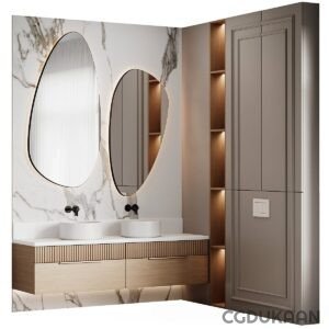 A bathroom with double sinks and mirrors.