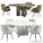 A round table with a marble top surrounded by elegant chairs, creating a sophisticated dining area.